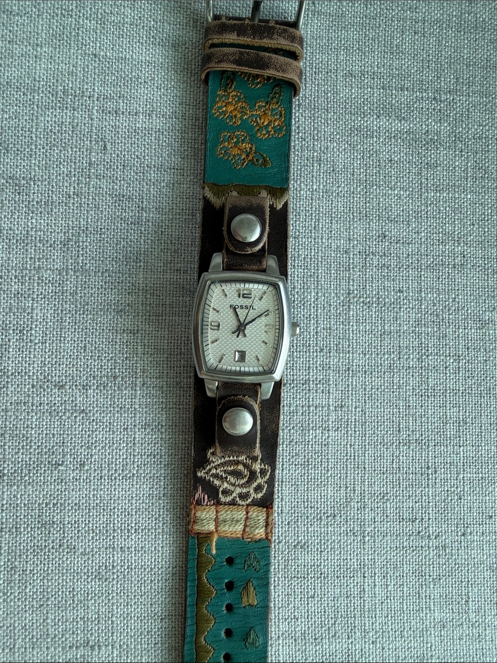 Fossil Watch + Removable Teal and Brown Embroidered Leather Strap Watch